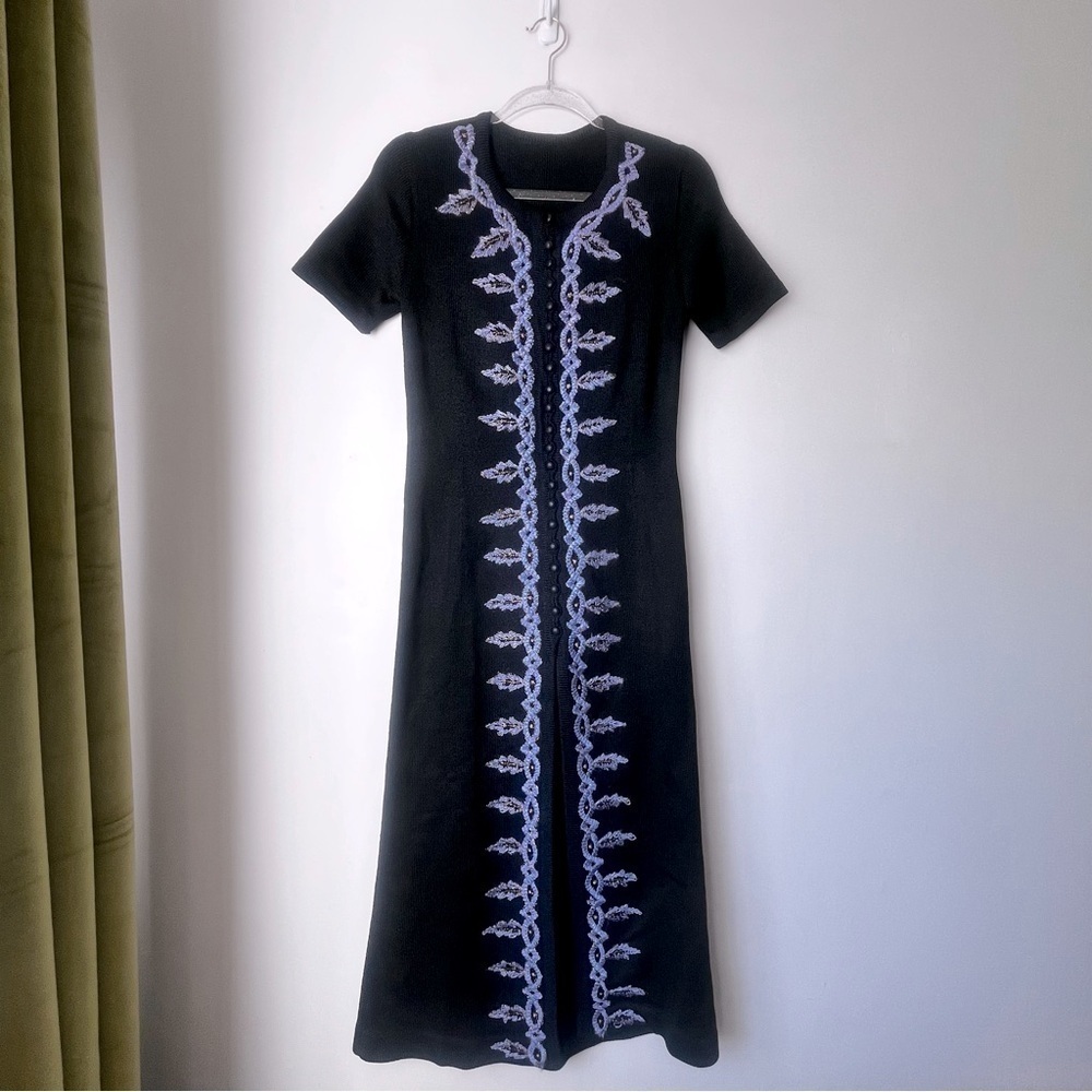 Vintage Black Knit Short Sleeve Embroidered Button Front Maxi Dress with Slit S